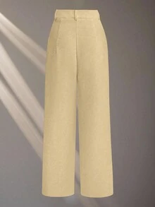 SHEIN PETITE 2025春季新品：女款白色直筒休閒長褲－輕鬆通勤風，垂墜柔軟感與經典百搭兼具，適合嬌小女性 - 杏色 - 查看 2