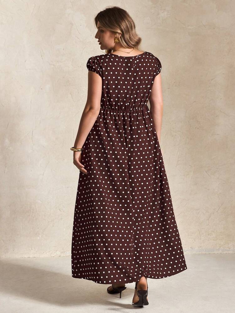 Elegantrix Vestido casual de oficina con estampado de flores y lunares, con volantes, para mujer talla grande, primavera/verano - Marrón - Ver 3