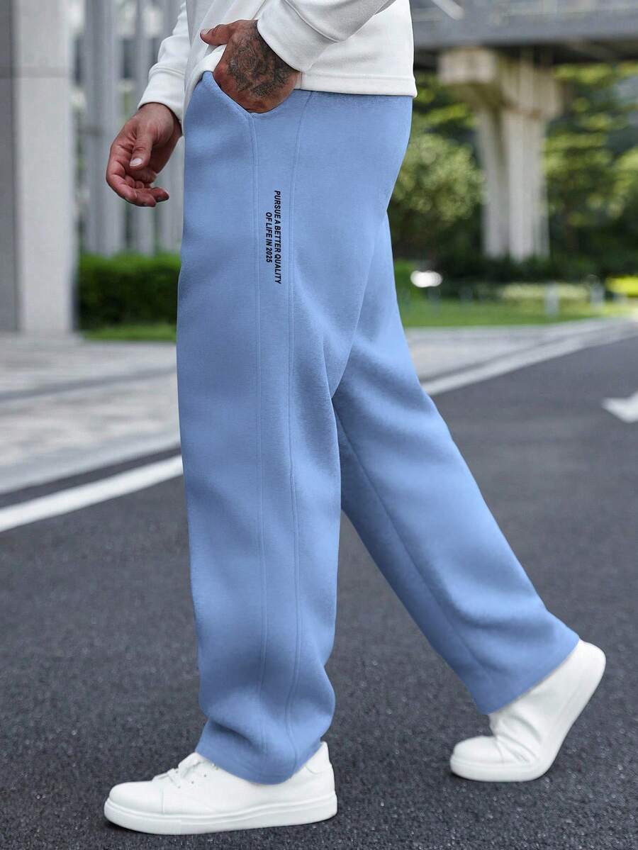 Manfinity Homme Men's Letter Print Drawstring Waist Pocket Loose Casual Sweatpants - Blue - View 1