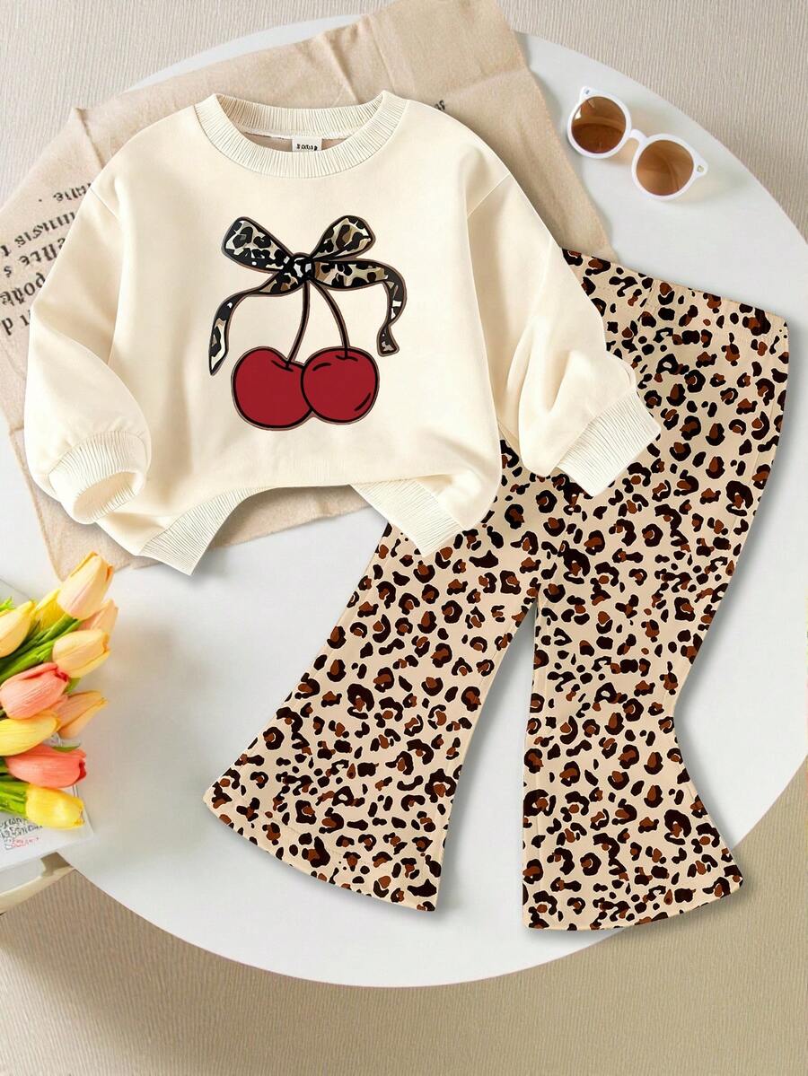 1 Set Baby Girls Casual Chic Leopard Cherry Pattern Round Neck Sweatshirt And Leopard Print Flare Pants Set, Suitable For Autumn/Winter Outings, Fun Fall Clothing - Multicolor - View 1