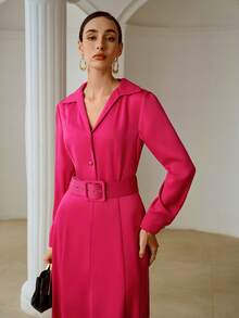ZEYLAH Spring Shirt Collar Long Sleeve Belted Dress, Romantic For Valentine's Day - Hot Pink - View 4