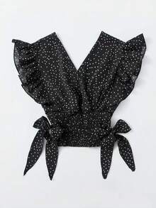 SHEIN Franclia Crossed Shirred Ruffle Cap Sleeve Bow Decor Polka Dot Blouse - Black - View 5