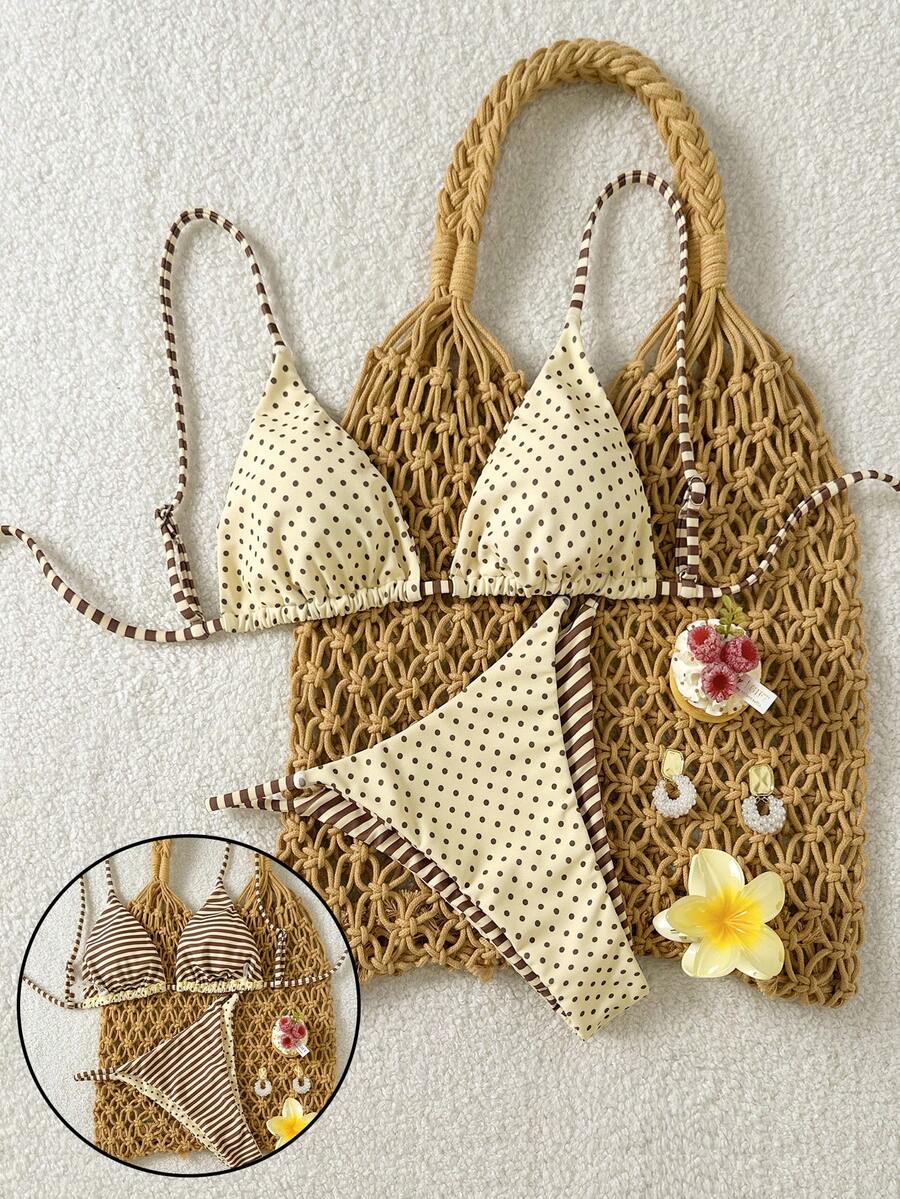 Swim Mod 2pcs/Set Women's Reversible Striped & Polka Dot Print Casual Bikini Swimsuit Set - Yellow - View 1