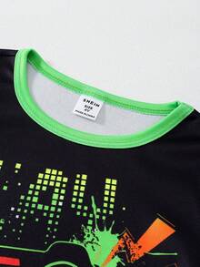 Conjunto de 4 piezas de pijama casual de otoño para niños pequeños, top de manga larga suave con estampado de fútbol de dibujos animados y mando de juego que brilla en la oscuridad, ajuste ceñido - Multicolor - Ver 5