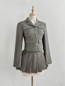 Elamini Women's Autumn/Winter Fashion Herringbone Wool Blend Metal Button Multi-Pocket Short Blazer And Pleated Mini Skirt Two Pieces Set, Elegant British Style - Brown - View 5