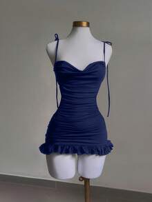 Franclia Váy ngắn hở lưng buộc bèo nhún gợi cảm dành cho nữ - Xanh đậm - Xem 3