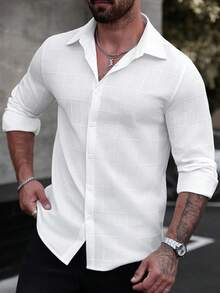 Manfinity Homme 男士純色極簡休閒長袖襯衫 男士紋理襯衫 男士白色長袖襯衫 男士白色休閒襯衫 男士時尚襯衫 正裝 - 白色 - 查看 3