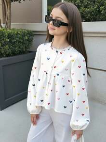 Leap Crew Tween Girls' Loose Casual Simple Stand-Up Collar Colorful Heart-Shaped Printed Long-Sleeved Shirt Girls Long Sleeve Shirt, Suitable For Kids Casual Wear, Back To School, Opening Ceremony, Daily Wear, School, Travel, Sports, Spring And Summer - White - View 7