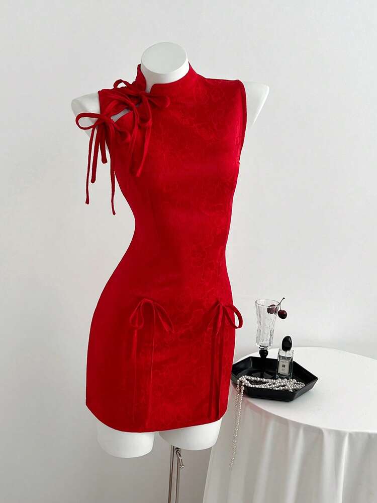 Elamini 女士 派对 新年 新中式 提花肌理面料 修身迷你连衣裙 - 红色 - 查看 1