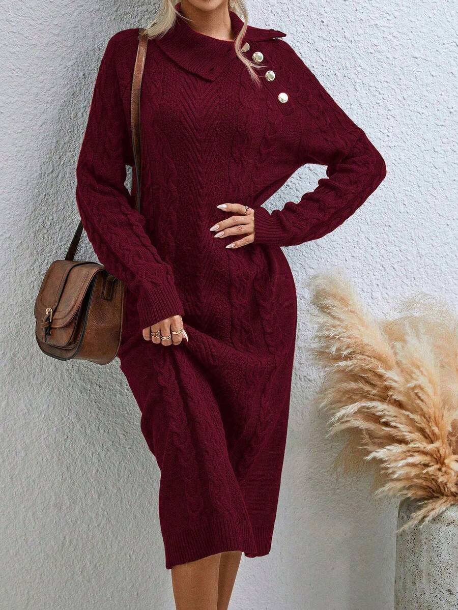 EMERY ROSE Women's Casual Cable Knit Long Sleeve Shift Dress, Autumn/Winter - Burgundy - View 1