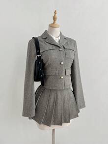 Elamini Women's Autumn/Winter Fashion Herringbone Wool Blend Metal Button Multi-Pocket Short Blazer And Pleated Mini Skirt Two Pieces Set, Elegant British Style - Brown - View 3