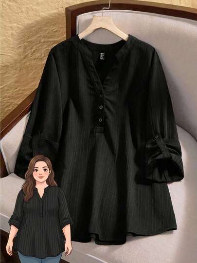 Rusticease Plus Size Textured Black Blouse: Button-Front, Roll-Tab Sleeve, Casual Top