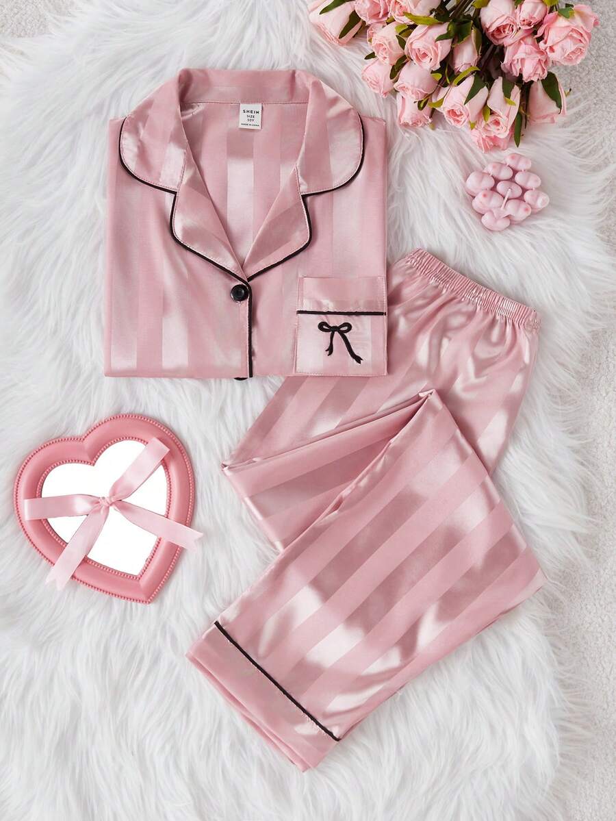 Girls Pajama Set, Minimalist Pink Striped Long Sleeve Cardigan And Long Pants, 2 Pieces Sleepwear - Multicolor - View 1