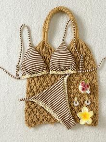 Swim Mod 2pcs/Set Women's Reversible Striped & Polka Dot Print Casual Bikini Swimsuit Set - Yellow - View 4