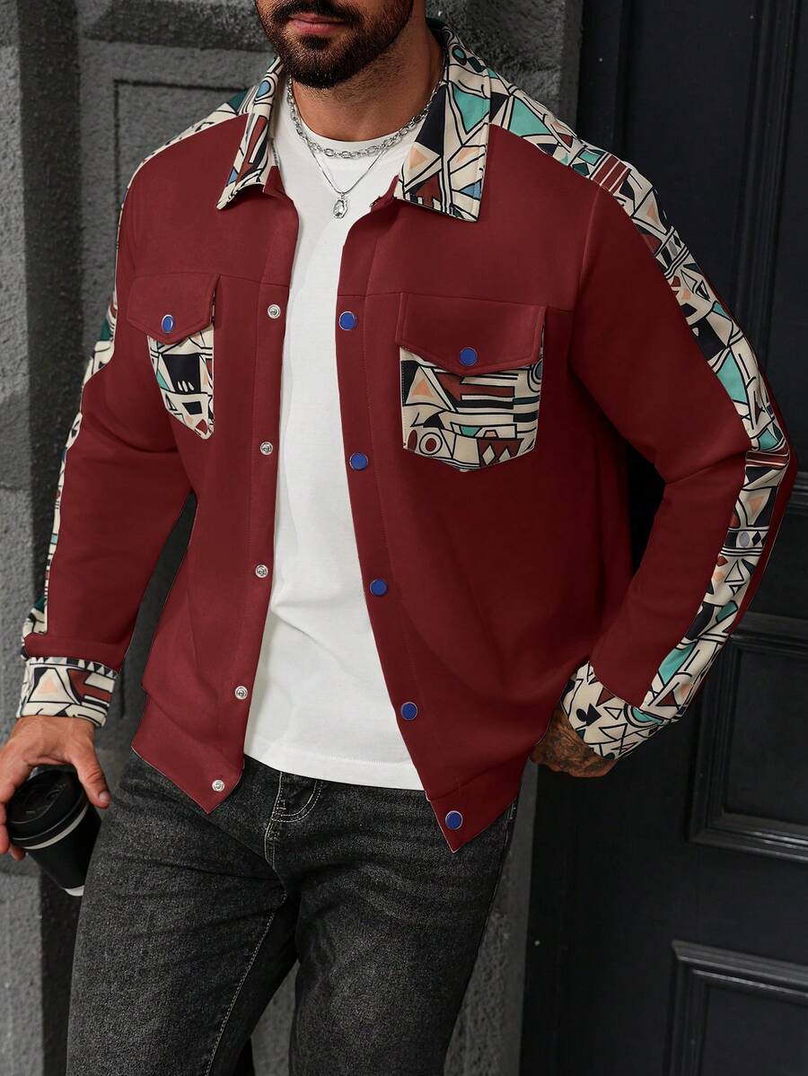 Manfinity Homme Men's Geometric Pattern Long Sleeve Single-Breasted Casual Jacket - Burgundy - View 1