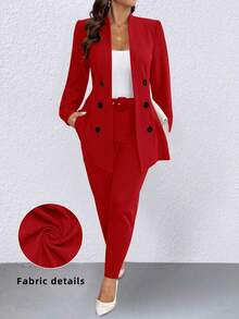 SHEIN Clasi Setelan Jas Bisnis Kasual Wanita Ukuran Besar, Warna Polos, Kancing Ganda, Lengan Panjang, Jaket dan Celana - Merah - View 1