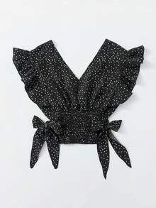 SHEIN Franclia Crossed Shirred Ruffle Cap Sleeve Bow Decor Polka Dot Blouse - Black - View 2