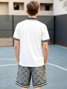 Vacaura 青少年男童夏季短袖字母印花 Polo 衫和短裤，拼接设计，适合户外运动，休闲时尚青少年套装