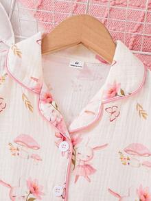 2pcs Girls Cute Rabbit Print Double Layer Wrinkle Pajama Set, Casual Comfortable Soft Full Print Long Pants And Long Sleeve Loungewear Cotton Pajama Set For Girls Young Girls Pajamas-Pajama Set All Season Cute Animal Embroidery Design Round Neck Long Sleeve Top With Elastic Waist Pants Soft Cozy Loungewear 2026 New Year Essential - Multicolor - View 3