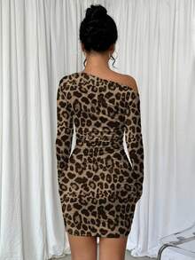 Elenzga Váy ngắn họa tiết da báo thanh lịch, gợi cảm, dự tiệc, thích hợp cho các buổi hẹn hò, tụ tập, mặc hàng ngày, thiết kế ôm sát với chi tiết nhún bèo, thanh lịch và thon gọn, váy ngắn ôm sát nhún bèo thời trang - màu nâu - Xem 2