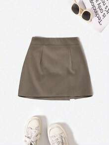 Sweetra Petite 娇小女款休闲百搭A字迷你裙，浅灰色 - 卡其色 - 查看 2