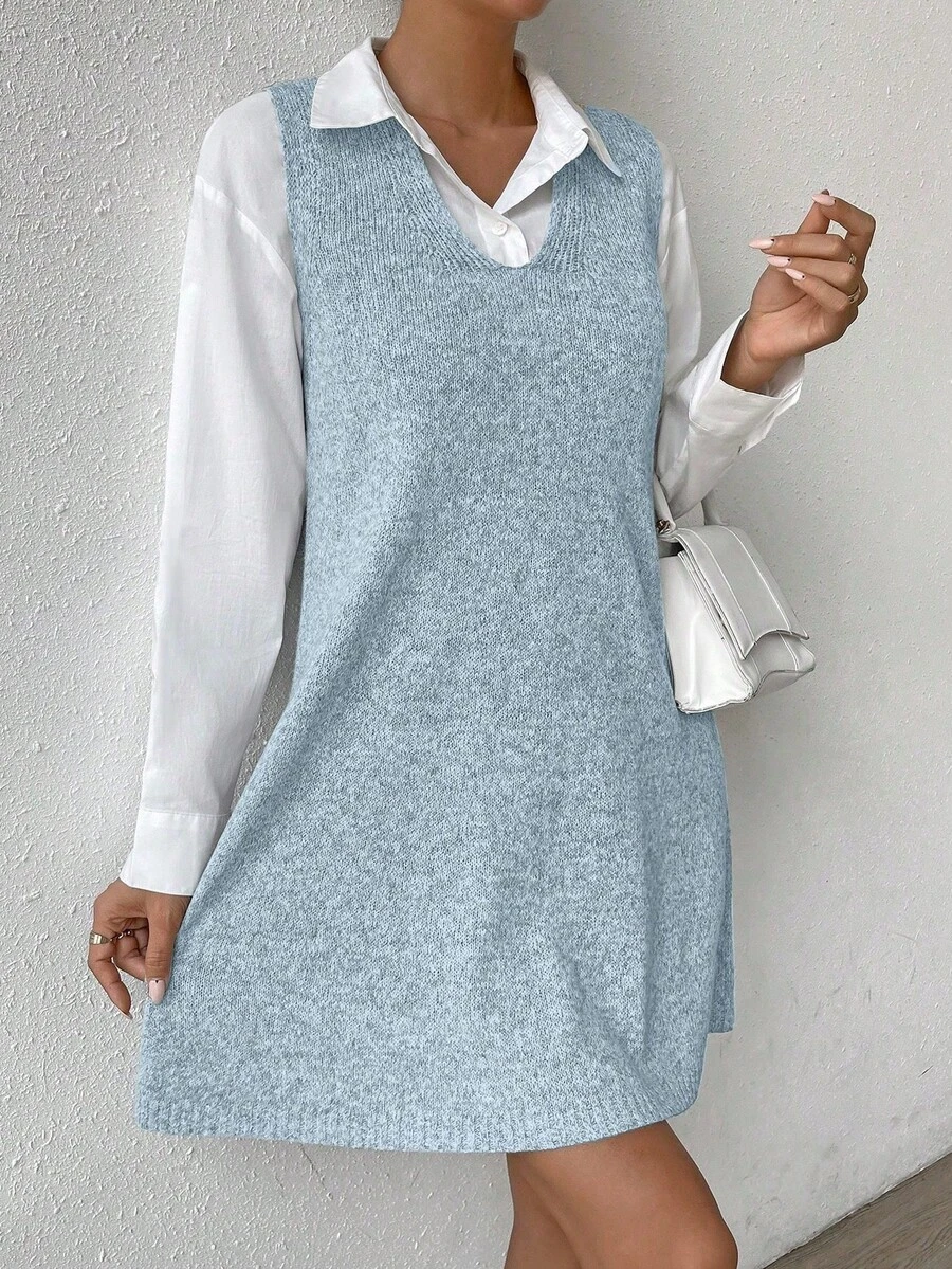 SHEIN LUNE 休闲纯色无袖针织连衣裙,秋冬季 - 淺藍色 - 查看 1