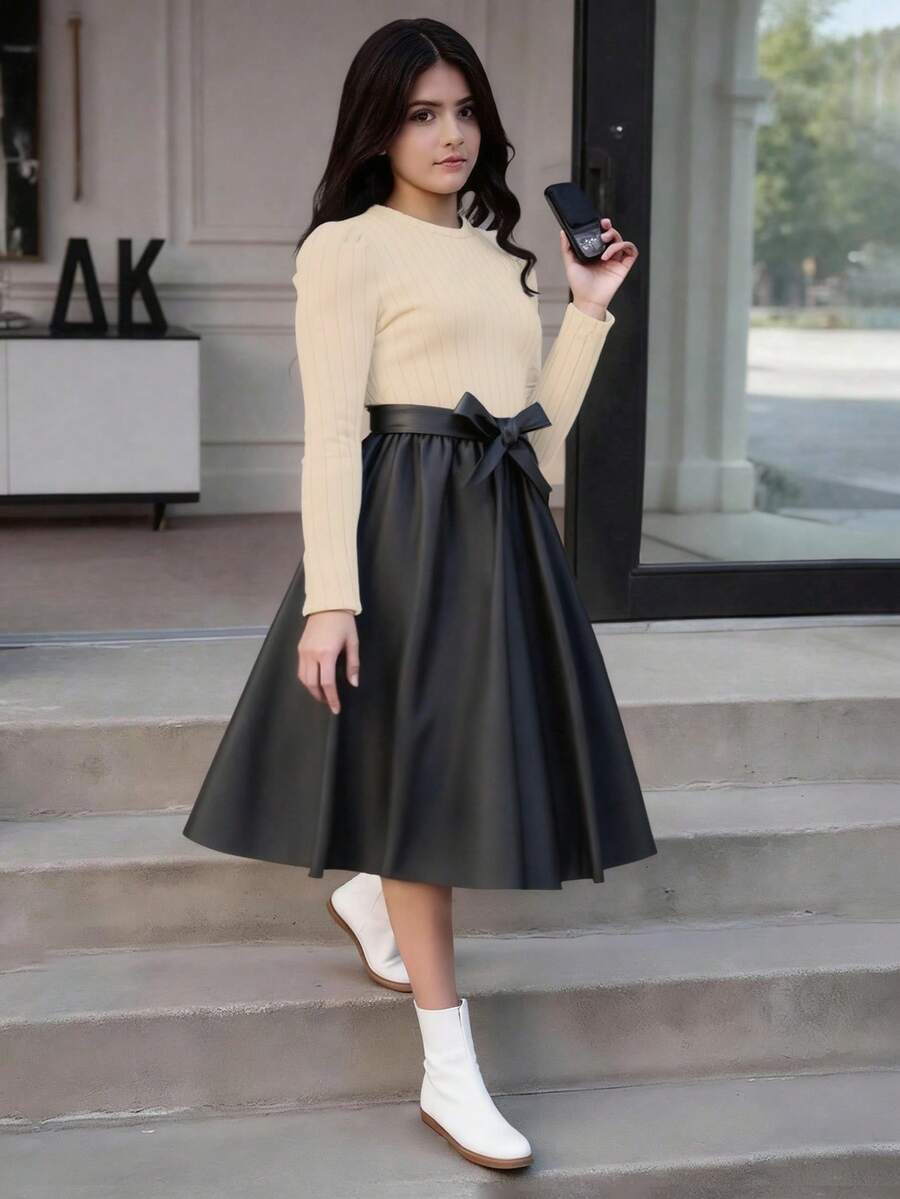 SHEIN 1 件女童圆领长袖罗纹针织拼布碎花下摆连衣裙,甜美淑女,秋季 - 彩色 - 查看 1