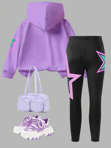 SHEIN 2 件套 KPOP 图案连帽衫和紧身裤套装，适合青少年女孩，秋冬时尚休闲装 - 彩色 - 查看 3