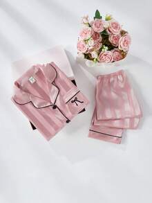 Girls Pajama Set, Minimalist Pink Striped Long Sleeve Cardigan And Long Pants, 2 Pieces Sleepwear - Multicolor - View 9