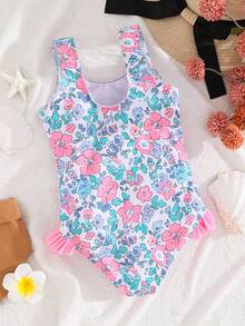 Emery Rose Kids 女童/少女随机印花连体泳衣，带蝴蝶结装饰和荷叶边下摆 - 淺粉色 - 查看 4