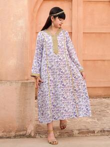 1 chiếc váy dài thanh lịch họa tiết hoa ditsy Ramadan dành cho bé gái, áo choàng cổ chữ Y có thắt lưng, áo choàng Abaya dài tay rộng rãi, thích hợp mặc khi tụ tập và mặc hàng ngày, màu tím - Màu tím hoa cà - Xem 6