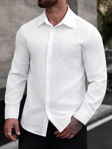 Manfinity Homme 男士純色極簡休閒長袖襯衫 男士紋理襯衫 男士白色長袖襯衫 男士白色休閒襯衫 男士時尚襯衫 正裝 - 白色 - 查看 5
