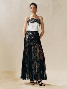 Arave Women's Black Sequined Lace Bodycon Skirt  Modern Party Long Lace Skirts Lace Maxi Skirt Elegant Skirts Lace Skirts For Women Sequin Maxi Skirt     Looks New Year - Black - View 5