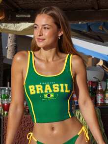 Swim Vcay 女士夏季沙滩休闲度假巴西字母印花比基尼泳衣上装 - 綠色 - 查看 4