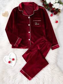 SHEIN 2件套女童/女士休闲舒适柔软韩版抓绒面料睡衣套装，带口袋和爱心刺绣，长袖设计 - 紅色 - 查看 4