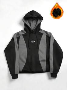 Manfinity EMRG 男士拼接连帽衫，带热封标签，适合休闲、度假、聚会、日常办公、约会、骑行、通勤等场合，舒适的抓绒面料，必备单品，自穿或送礼皆宜。 - 黑色 - 查看 3