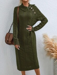 EMERY ROSE Women's Casual Cable Knit Long Sleeve Shift Dress, Autumn/Winter - Army Green - View 3