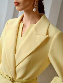 ZEYLAH Women's Solid Color Lapel Elegant Commuter Long Belted Blazer, Spring - Light Yellow - View 2