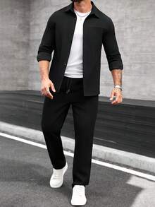 Manfinity CasualCool 男士长袖衬衫领纽扣衬衫及长裤套装，秋冬款