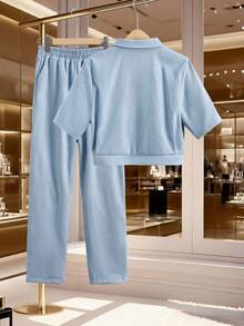 Mulvari Women's Casual Summer Street Style Solid Color Flap Pocket Short Sleeve Shirt And Elastic Waist Pants Set - Blue - View 7