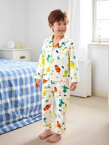 2pcs Young Boy Cute Dinosaur Print Long Sleeve Cardigan And Pants Set, Casual Loose And Comfortable Pajamas - Multicolor - View 1
