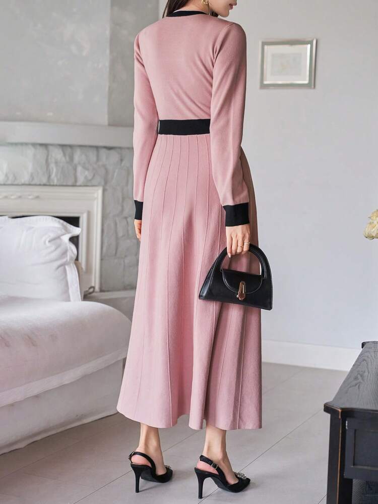 Women's Elegant Color Block Round Neck Faux Pocket Sweater Dress, Autumn/Winter
