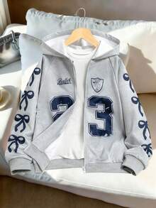 Tween Girls Casual Sports Jacket, Versatile Collegiate Style Bow & Number Graphic Raglan Sleeve Hooded Zip-Up Sweatshirt - Navy Blue - View 7