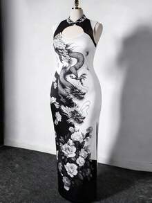 Sunspun Đầm xòe cổ in họa tiết phong cách Trung Hoa cỡ lớn - Đỏ - Xem 6