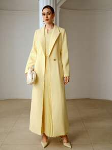 ZEYLAH Women's Solid Color Lapel Elegant Commuter Long Belted Blazer, Spring - Light Yellow - View 3