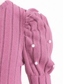 Elladie kids Young Girls Red Pearl Decor Collar Long Sleeve Puff Sleeve Dress, Red Floral Embellished Rhinestone Waist Design, Comfortable & Soft, Autumn/Winter - Baby Pink - View 4