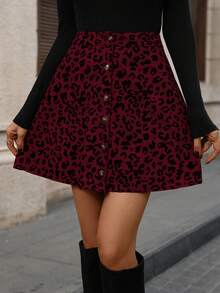 EMERY ROSE Chân váy chữ A cài nút phía trước bằng vải nhung họa tiết da báo dành cho nữ - Màu Đỏ Sâu - Xem 6
