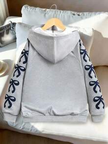 Tween Girls Casual Sports Jacket, Versatile Collegiate Style Bow & Number Graphic Raglan Sleeve Hooded Zip-Up Sweatshirt - Navy Blue - View 2