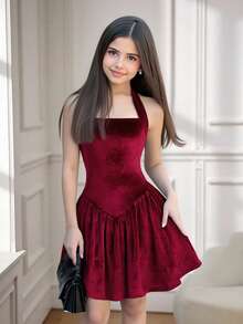 Girlism Teen Girls Knitted Spaghetti Strap Tight-Waisted A-Line Mini Dress, Valentine's Day Party Club Outfit - Burgundy - View 8