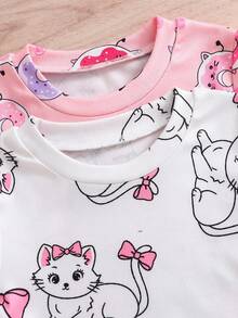 2pcs Girls' Cute Kitten, Bow, Donut Print Short Sleeve Top And Leggings Snug Fit Pajama Sleepwear Set - Multicolor - View 3